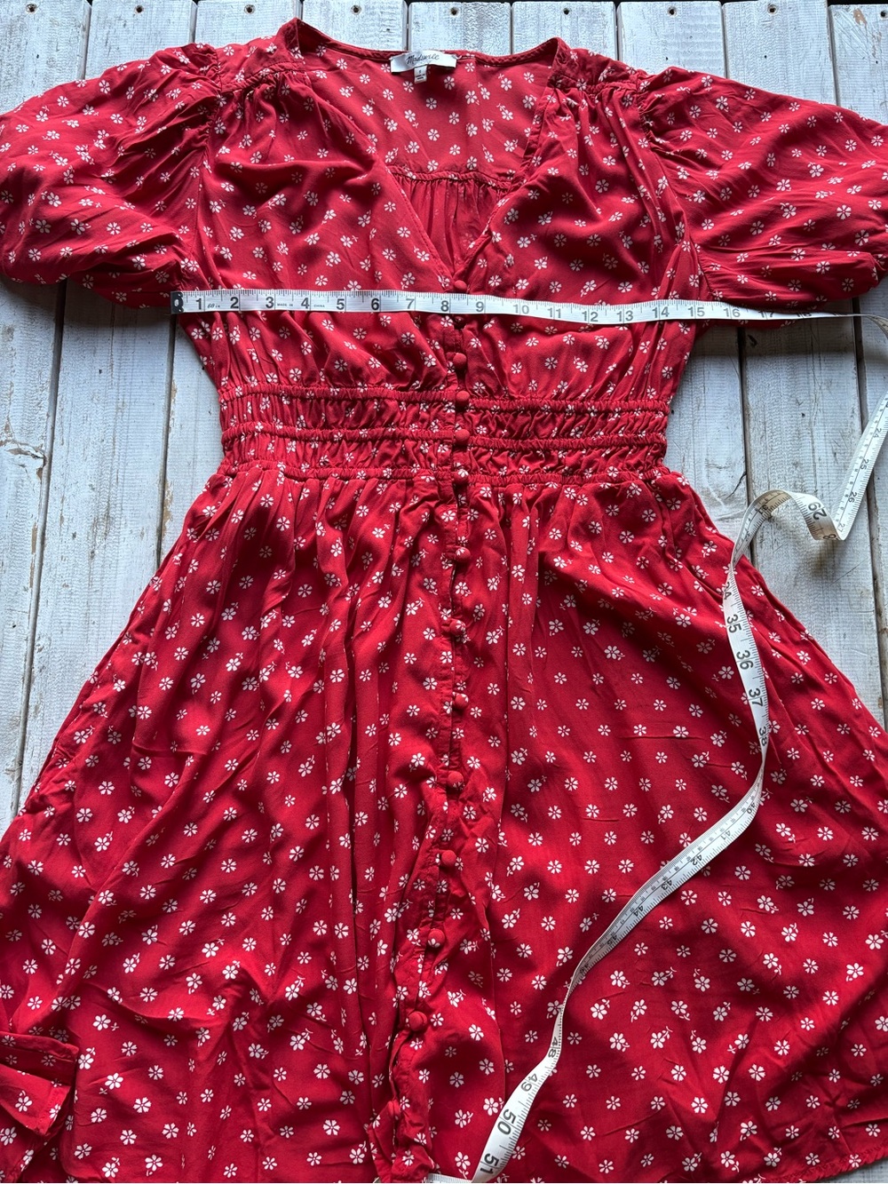 Madewell Red Floral Smocked Puff Sleeve Mini Dress Small - Picture 4 of 10